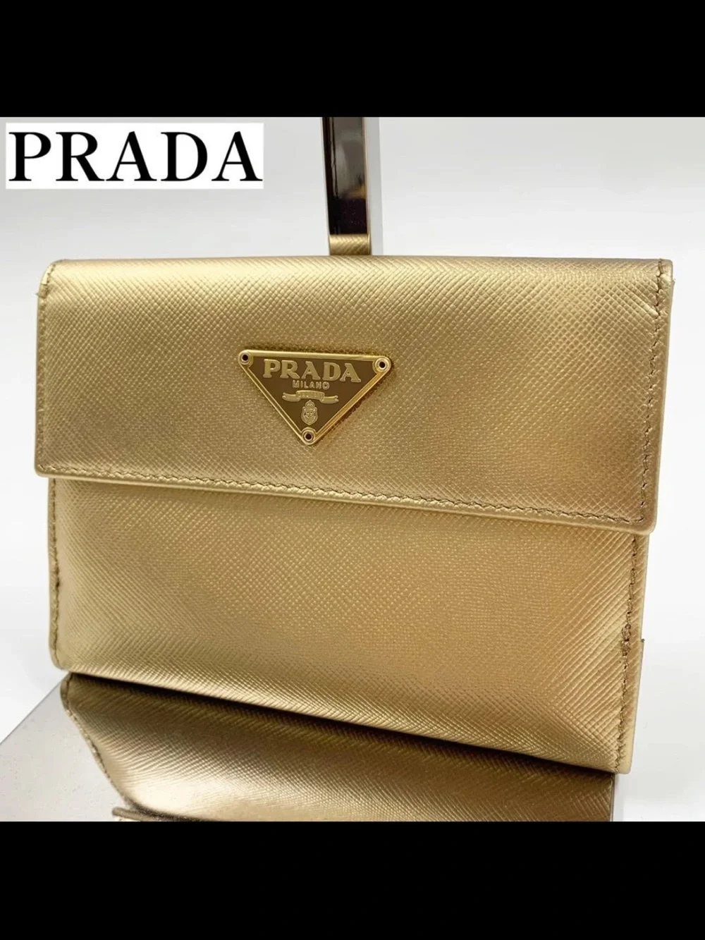 Prada Metallic Gold Saffiano Compact Wallet